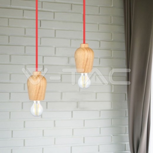 Wooden Pendant Light Red Wire - 7