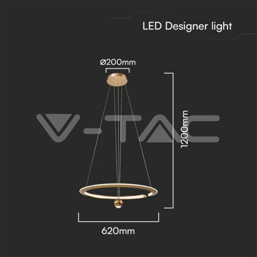 45W LED Hanging Pendant Lamp D600*1500mm 4000K Dimmable Brush Gold - 2