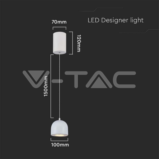 8.5W LED Hanging Lamp Φ100 White Body 3000K - 5