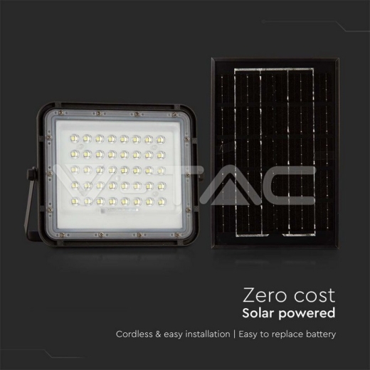 6W LED Solar Floodlight 6400K Replaceable Battery 3m Wire Black Body - 6