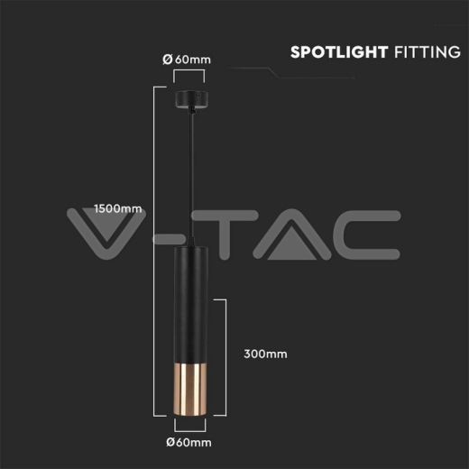 1xGU10 Hanging Pendant Black, Gold D:60x300mm - 5