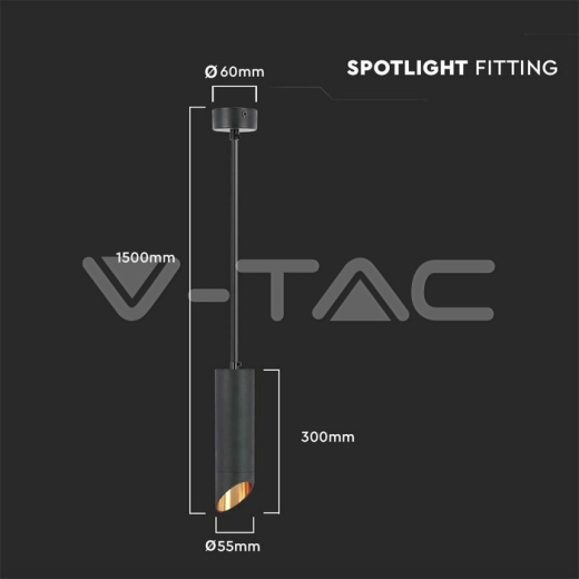 1xGU10 Hanging Pendant Black D:55x300mm - 5