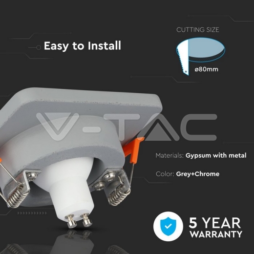 GU10 Fitting Concrete Metal Grey Recessed Light Chrome Bottom Square - 6