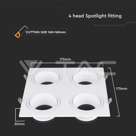 GU10 4 Head Spotlight Fitting Iron+PC, White+White - 4