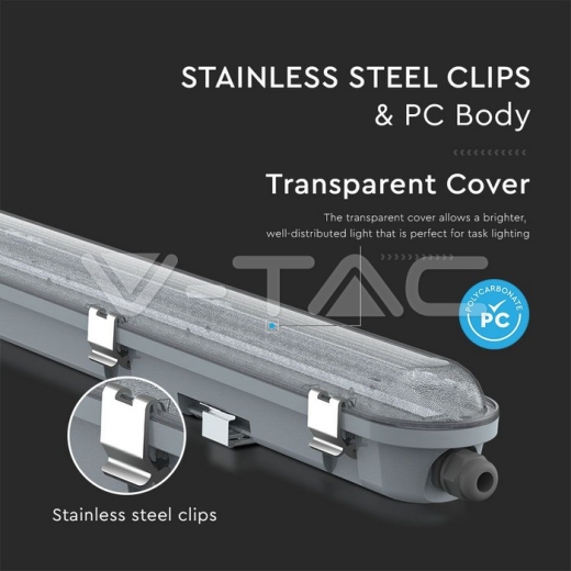 LED Waterproof Fitting M-Series 1200mm 36W 4000K Transparent SS Clip 120 lm/W - 4