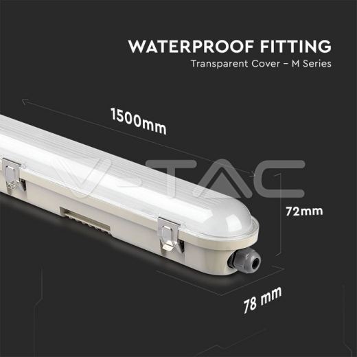 LED Waterproof Fitting M-Series 1500mm 48W 6400K Transparent SS Clip 120 lm/W - 13
