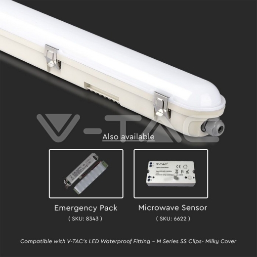 LED Waterproof Fitting M-Series 1500mm 48W 6500K Milky Cover SS Clip 120 lm/W - 10