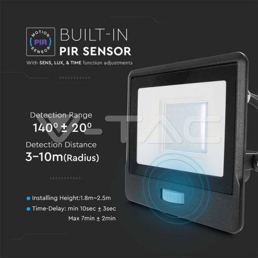 30W LED PIR Sensor Floodlight SAMSUNG Chip Black Body 4000K 1M Cable - 5