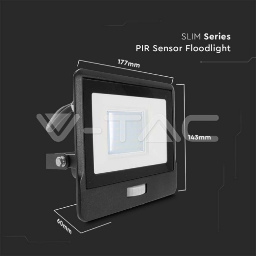 30W LED PIR Sensor Floodlight SAMSUNG Chip Black Body 6400K 1M Cable - 10