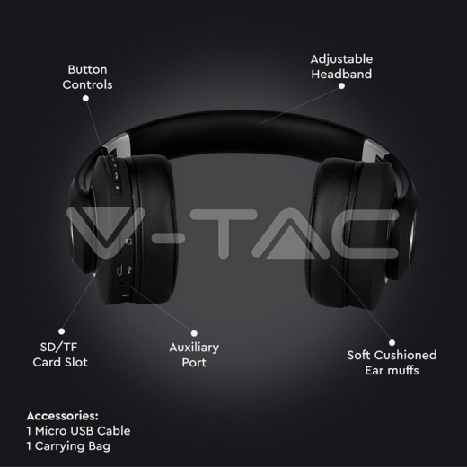 Auriculares inálambricos Bluetooth diadema ajustable 500mAh negros W/BAG - 5