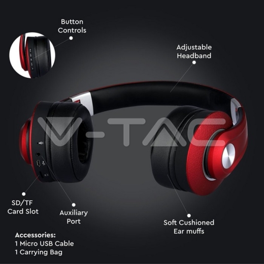 Auriculares inálambricos Bluetooth diadema ajustable 500mAh rojos W/BAG - 5