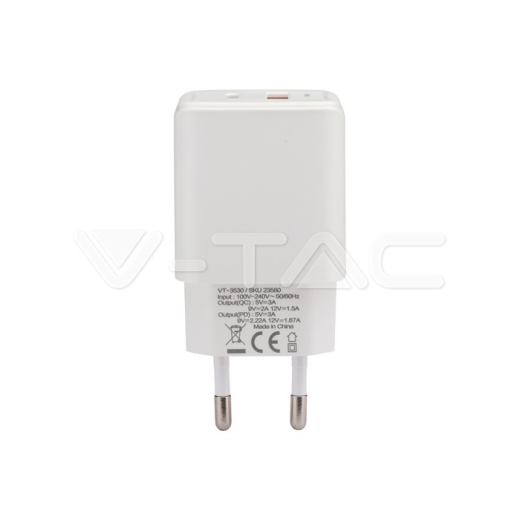 Adaptador de Viaje 20W 1 PD + 1 PUERTO QC Cuerpo Blanco - 3