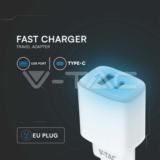 Adaptador de Viaje 20W 1 PD + 1 PUERTO QC Cuerpo Blanco - 4