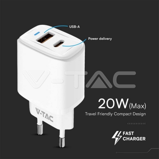 Adaptador de Viaje 20W 1 PD + 1 PUERTO QC Cuerpo Blanco - 5