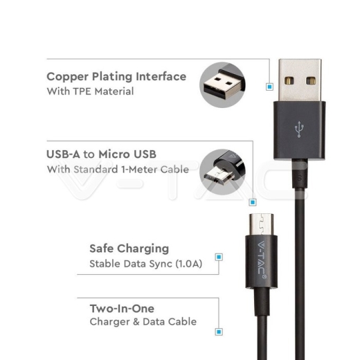 1m. Micro USB Cable Black Silver Series - 2