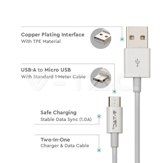 1m. Micro USB Cable White Silver Series - 2