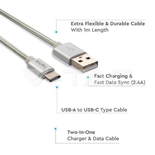 1m. Type C USB Cable Silver Platinum Series - 2