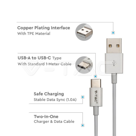 1m. Type C USB Cable White Silver Series - 2